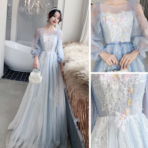 Style Victorien Bleu Ciel Dansant Robe De Bal 2021 Princesse Transparentes Encolure Dégagée Gonflée Manches Longues Appliques En Dentelle Perlage Faux Diamant Longue Volants Dos Nu Robe De Ceremonie