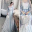 Style Victorien Bleu Ciel Dansant Robe De Bal 2021 Princesse Transparentes Encolure Dégagée Gonflée Manches Longues Appliques En Dentelle Perlage Faux Diamant Longue Volants Dos Nu Robe De Ceremonie