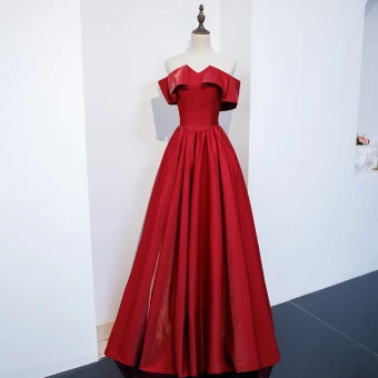 Simple Rouge Satin Robe De Bal 2021 Princesse De L 039 Épaule Manches Courtes Longue Dos Nu Volants Robe De Ceremonie