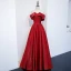 Modest / Simple Red Satin Prom Dresses 2021 A-Line / Princess Off-The-Shoulder Short Sleeve Floor-Length / Long Backless Ruffle Formal Dresses