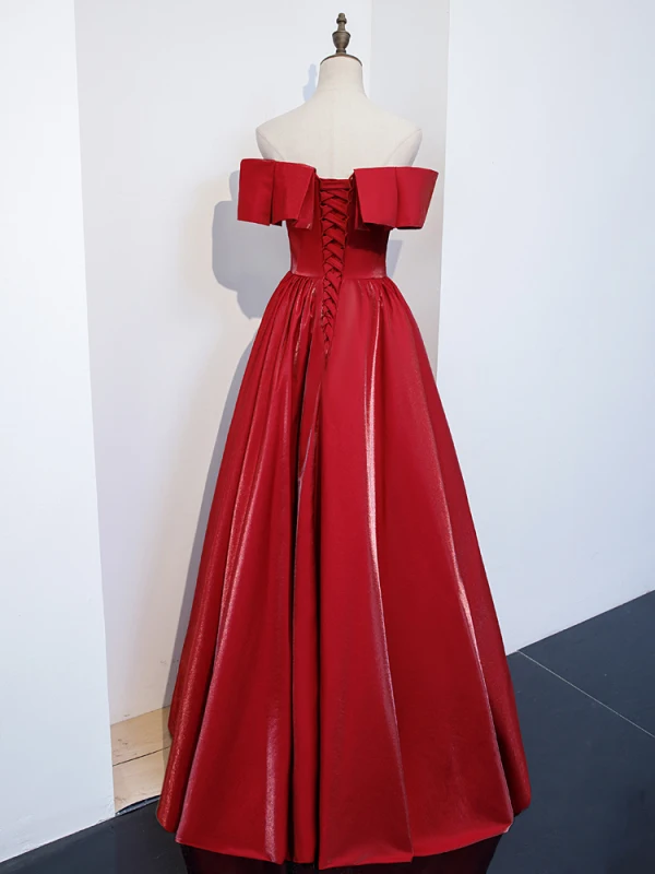Modest / Simple Red Satin Prom Dresses 2021 A-Line / Princess Off-The-Shoulder Short Sleeve Floor-Length / Long Backless Ruffle Formal Dresses