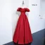 Modest / Simple Red Satin Prom Dresses 2021 A-Line / Princess Off-The-Shoulder Short Sleeve Floor-Length / Long Backless Ruffle Formal Dresses
