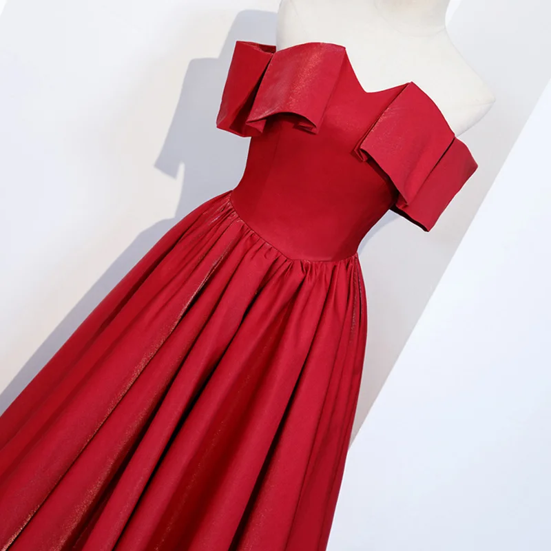 Modest Simple Red Satin Prom Dresses 2021 A-Line Princess Off-The-Shoulder Short Sleeve