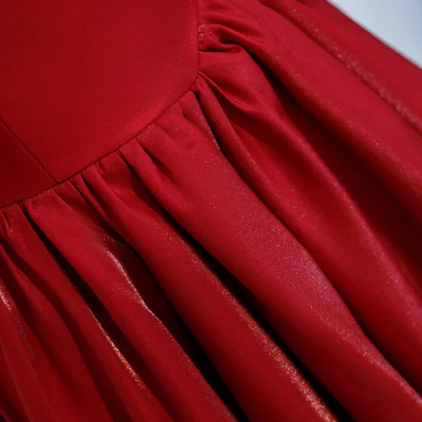 Modest / Simple Red Satin Prom Dresses 2021 A-Line / Princess Off-The-Shoulder Short Sleeve Floor-Length / Long Backless Ruffle Formal Dresses