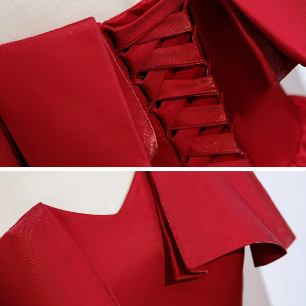 Modest / Simple Red Satin Prom Dresses 2021 A-Line / Princess Off-The-Shoulder Short Sleeve Floor-Length / Long Backless Ruffle Formal Dresses