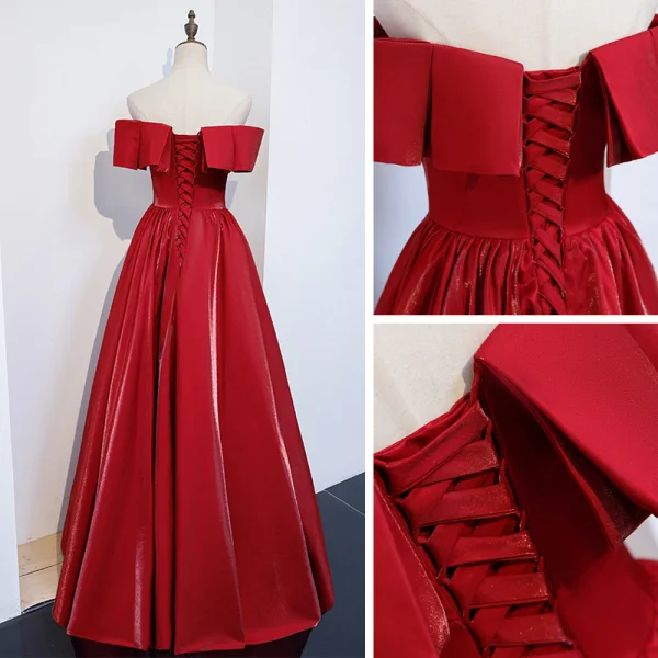 Modest / Simple Red Satin Prom Dresses 2021 A-Line / Princess Off-The-Shoulder Short Sleeve Floor-Length / Long Backless Ruffle Formal Dresses