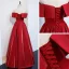 Modest / Simple Red Satin Prom Dresses 2021 A-Line / Princess Off-The-Shoulder Short Sleeve Floor-Length / Long Backless Ruffle Formal Dresses