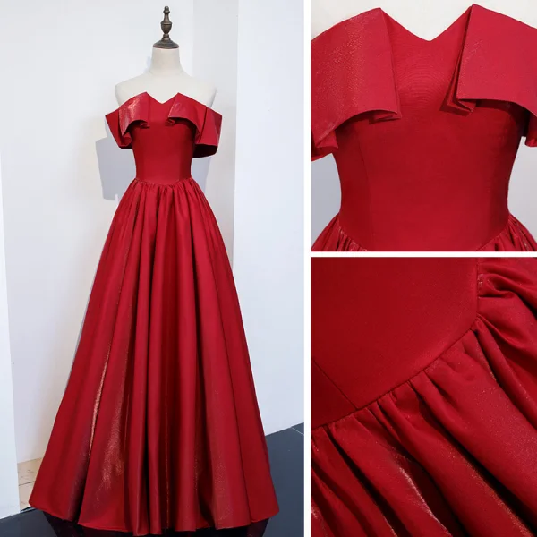 Modest / Simple Red Satin Prom Dresses 2021 A-Line / Princess Off-The-Shoulder Short Sleeve Floor-Length / Long Backless Ruffle Formal Dresses
