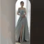 Fashion Grey Satin Evening Dresses  2021 A-Line / Princess Off-The-Shoulder Short Sleeve Split Front Floor-Length / Long Ruffle Backless Formal Dresses