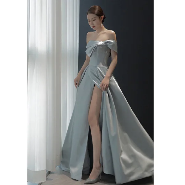 Fashion Grey Satin Evening Dresses 2021 A-Line / Princess Off-The-Shoulder Short Sleeve Split Front Floor-Length / Long Ruffle Backless Formal Dresses