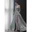 Fashion Grey Satin Evening Dresses  2021 A-Line / Princess Off-The-Shoulder Short Sleeve Split Front Floor-Length / Long Ruffle Backless Formal Dresses