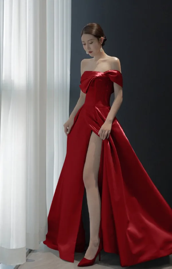 Fashion Grey Satin Evening Dresses 2021 A-Line / Princess Off-The-Shoulder Short Sleeve Split Front Floor-Length / Long Ruffle Backless Formal Dresses