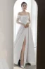 Fashion Grey Satin Evening Dresses  2021 A-Line / Princess Off-The-Shoulder Short Sleeve Split Front Floor-Length / Long Ruffle Backless Formal Dresses