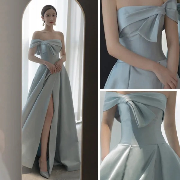 Fashion Grey Satin Evening Dresses 2021 A-Line / Princess Off-The-Shoulder Short Sleeve Split Front Floor-Length / Long Ruffle Backless Formal Dresses