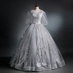 Victorian Style Grey See Through Dancing Prom Dresses 2021 Ball Gown Scoop Neck Puffy Long Sleeve Appliques Lace Sequins Beading Floor Length Long Ruffle Backless Formal Dresses