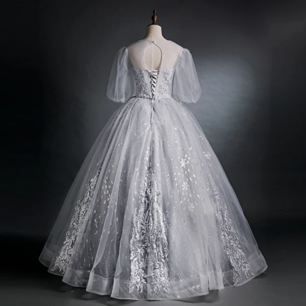 Victorian Style Grey See-through Dancing Prom Dresses 2021 Ball Gown Scoop Neck Puffy Long Sleeve Appliques Lace Sequins Beading Floor-Length / Long Ruffle Backless Formal Dresses