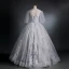 Victorian Style Grey See-through Dancing Prom Dresses 2021 Ball Gown Scoop Neck Puffy Long Sleeve Appliques Lace Sequins Beading Floor-Length / Long Ruffle Backless Formal Dresses