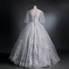 Victorian Style Grey See-through Dancing Prom Dresses 2021 Ball Gown Scoop Neck Puffy Long Sleeve Appliques Lace Sequins Beading Floor-Length / Long Ruffle Backless Formal Dresses