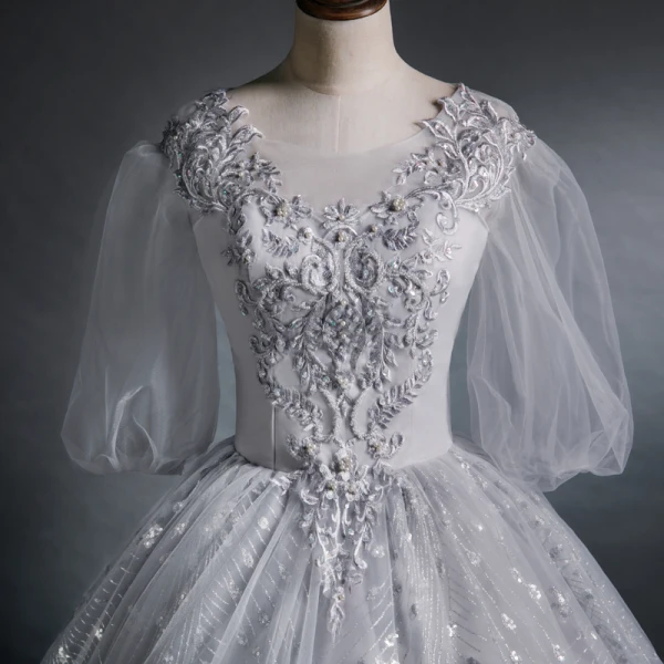 Victorian Style Grey See-through Dancing Prom Dresses 2021 Ball Gown Scoop Neck Puffy Long Sleeve Appliques Lace Sequins Beading Floor-Length / Long Ruffle Backless Formal Dresses