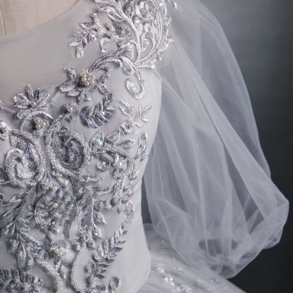Victorian Style Grey See-through Dancing Prom Dresses 2021 Ball Gown Scoop Neck Puffy Long Sleeve Appliques Lace Sequins Beading Floor-Length / Long Ruffle Backless Formal Dresses