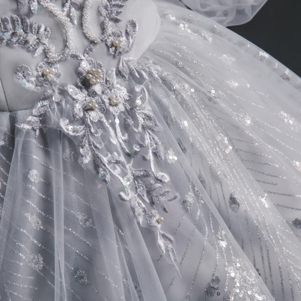 Victorian Style Grey See-through Dancing Prom Dresses 2021 Ball Gown Scoop Neck Puffy Long Sleeve Appliques Lace Sequins Beading Floor-Length / Long Ruffle Backless Formal Dresses