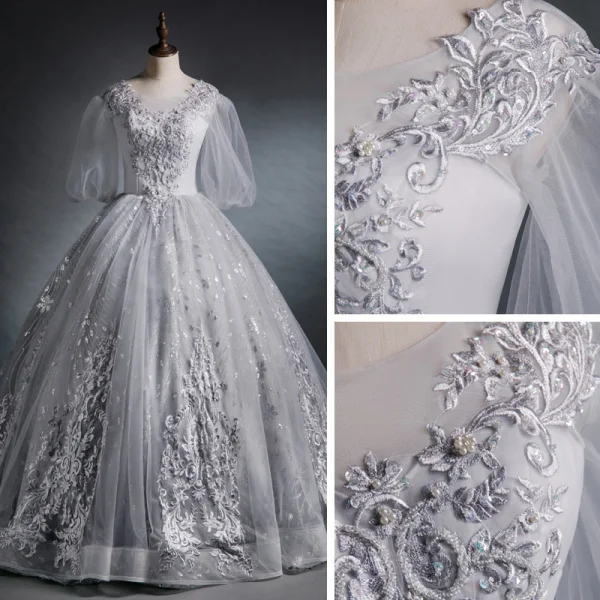 Victorian Style Grey See-through Dancing Prom Dresses 2021 Ball Gown Scoop Neck Puffy Long Sleeve Appliques Lace Sequins Beading Floor-Length / Long Ruffle Backless Formal Dresses
