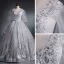 Victorian Style Grey See-through Dancing Prom Dresses 2021 Ball Gown Scoop Neck Puffy Long Sleeve Appliques Lace Sequins Beading Floor-Length / Long Ruffle Backless Formal Dresses