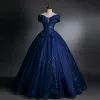 Best Navy Blue Dancing Prom Dresses 2021 Off-The-Shoulder Short Sleeve Appliques Lace Sequins Beading Glitter Tulle Floor-Length / Long Ruffle Formal Dresses