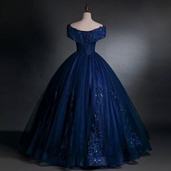 Best Navy Blue Dancing Prom Dresses 2021 Off-The-Shoulder Short Sleeve Appliques Lace Sequins Beading Glitter Tulle Floor-Length / Long Ruffle Formal Dresses