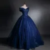Best Navy Blue Dancing Prom Dresses 2021 Off-The-Shoulder Short Sleeve Appliques Lace Sequins Beading Glitter Tulle Floor-Length / Long Ruffle Formal Dresses