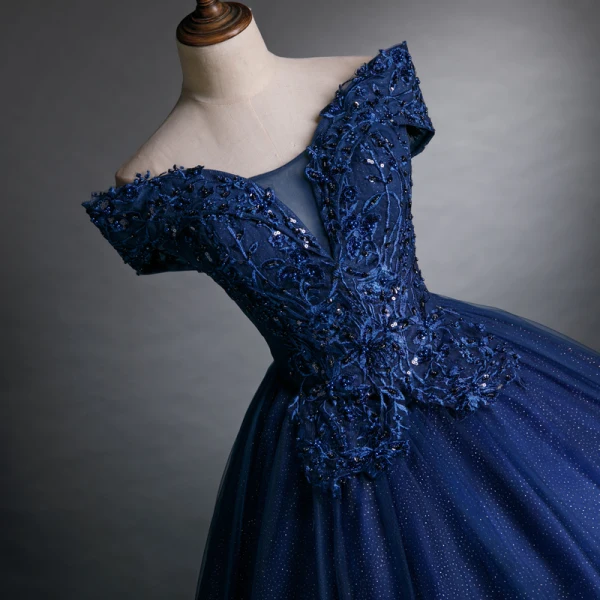Best Navy Blue Dancing Prom Dresses 2021 Off-The-Shoulder Short Sleeve Appliques Lace Sequins Beading Glitter Tulle Floor-Length / Long Ruffle Formal Dresses