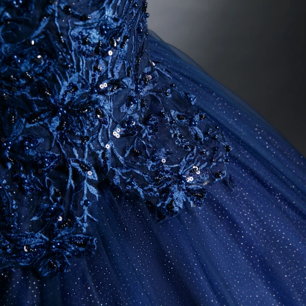 Best Navy Blue Dancing Prom Dresses 2021 Off-The-Shoulder Short Sleeve Appliques Lace Sequins Beading Glitter Tulle Floor-Length / Long Ruffle Formal Dresses