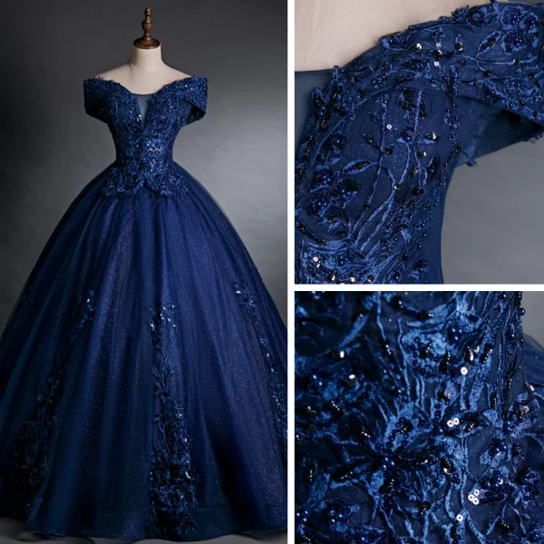 Best Navy Blue Dancing Prom Dresses 2021 Off-The-Shoulder Short Sleeve Appliques Lace Sequins Beading Glitter Tulle Floor-Length / Long Ruffle Formal Dresses