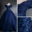 Best Navy Blue Dancing Prom Dresses 2021 Off-The-Shoulder Short Sleeve Appliques Lace Sequins Beading Glitter Tulle Floor-Length / Long Ruffle Formal Dresses