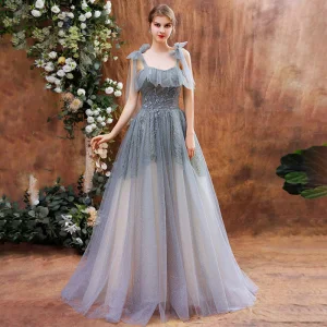 Elegant Grey Dancing Prom Dresses 2021 A Line Princess Spaghetti Straps Sleeveless Sequins Beading Glitter Tulle Floor Length Long Ruffle Backless Formal Dresses