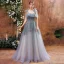 Elegant Grey Dancing Prom Dresses 2021 A-Line / Princess Spaghetti Straps Sleeveless Sequins Beading Glitter Tulle Floor-Length / Long Ruffle Backless Formal Dresses