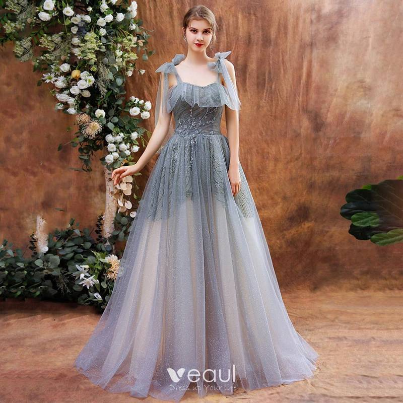 Elegant Grey Dancing Prom Dresses 2021 A-Line / Princess Spaghetti Straps Sleeveless Sequins Beading Glitter Tulle Floor-Length / Long Ruffle Backless Formal Dresses Elegant Grey Dancing Prom Dresses 2021 A-Line / Princess Spaghetti Straps Sleeveless Sequins Beading Glitter Tulle Floor-Length / Long Ruffle Backless Formal Dresses
