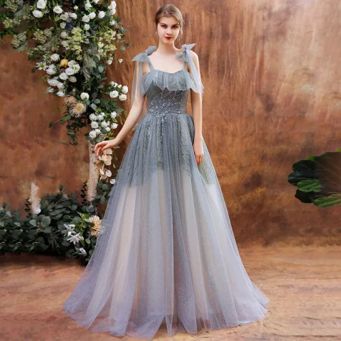 Elegante Grau Tanzen Ballkleider 2021 A Linie Spaghettiträger Ärmellos Pailletten Perlenstickerei Glanz Tülle Lange Rüschen Rückenfreies Festliche Kleider