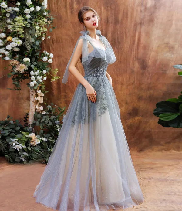 Elegant Grey Dancing Prom Dresses 2021 A-Line / Princess Spaghetti Straps Sleeveless Sequins Beading Glitter Tulle Floor-Length / Long Ruffle Backless Formal Dresses