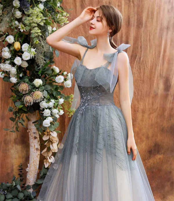 Elegant Grey Dancing Prom Dresses 2021 A-Line / Princess Spaghetti Straps Sleeveless Sequins Beading Glitter Tulle Floor-Length / Long Ruffle Backless Formal Dresses