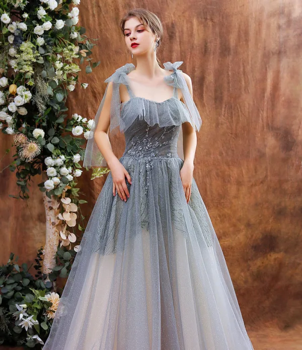 Elegant Grey Dancing Prom Dresses 2021 A-Line / Princess Spaghetti Straps Sleeveless Sequins Beading Glitter Tulle Floor-Length / Long Ruffle Backless Formal Dresses
