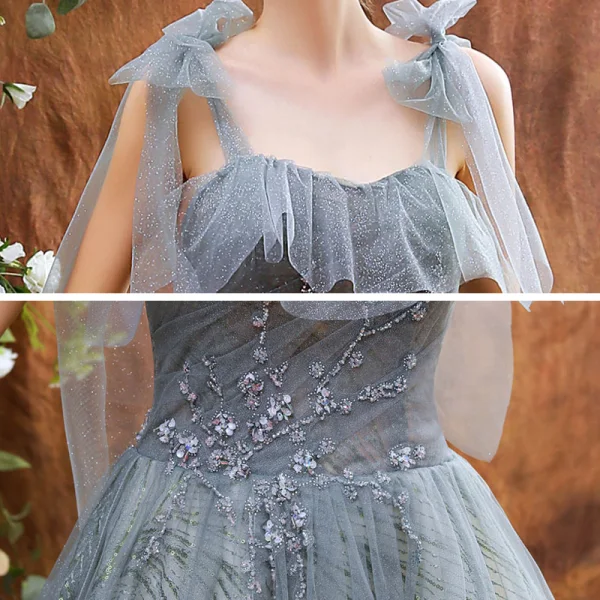 Elegant Grey Dancing Prom Dresses 2021 A-Line / Princess Spaghetti Straps Sleeveless Sequins Beading Glitter Tulle Floor-Length / Long Ruffle Backless Formal Dresses