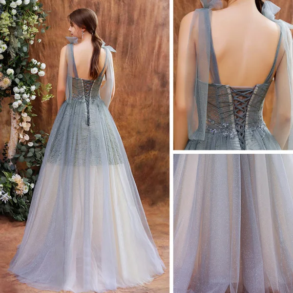 Elegant Grey Dancing Prom Dresses 2021 A-Line / Princess Spaghetti Straps Sleeveless Sequins Beading Glitter Tulle Floor-Length / Long Ruffle Backless Formal Dresses