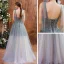 Elegant Grey Dancing Prom Dresses 2021 A-Line / Princess Spaghetti Straps Sleeveless Sequins Beading Glitter Tulle Floor-Length / Long Ruffle Backless Formal Dresses