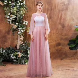 High End Blozen Roze Doorzichtige Dansen Galajurken 2021 A Lijn Ronde Hals 3 4 Mouwen Kralen Parel Rhinestone Lange Ruche Ruglooze Gelegenheid Jurken