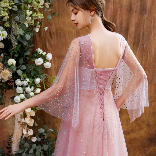 High-end Blushing Pink See-through Dancing Prom Dresses 2021 A-Line / Princess Scoop Neck 3/4 Sleeve Beading Pearl Rhinestone Floor-Length / Long Ruffle Backless Formal Dresses