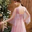 High-end Blushing Pink See-through Dancing Prom Dresses 2021 A-Line / Princess Scoop Neck 3/4 Sleeve Beading Pearl Rhinestone Floor-Length / Long Ruffle Backless Formal Dresses