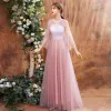 High-end Blushing Pink See-through Dancing Prom Dresses 2021 A-Line / Princess Scoop Neck 3/4 Sleeve Beading Pearl Rhinestone Floor-Length / Long Ruffle Backless Formal Dresses