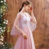 High-end Blushing Pink See-through Dancing Prom Dresses 2021 A-Line / Princess Scoop Neck 3/4 Sleeve Beading Pearl Rhinestone Floor-Length / Long Ruffle Backless Formal Dresses