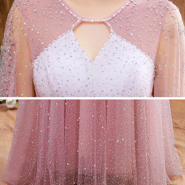 High-end Blushing Pink See-through Dancing Prom Dresses 2021 A-Line / Princess Scoop Neck 3/4 Sleeve Beading Pearl Rhinestone Floor-Length / Long Ruffle Backless Formal Dresses
